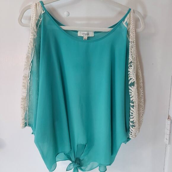 Umgee Split Sleeve Crochet Cold Shoulder Teal/White L Boho Concert Festival - Picture 5 of 13